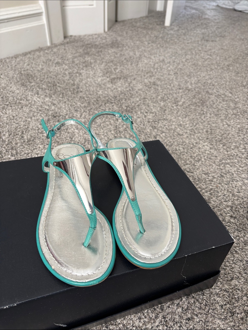 Fergie Teal Metallic Silver T-Strap Sandals